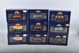 NINE BOXED OO GAUGE BACHMANN BRANCHLINE MODEL RAILWAY WAGONS, to include two Conflat BR Livery