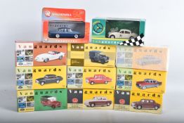 ELEVEN BOXED 1:43 SCALE VANGUARDS DIECAST MODEL VEHICLES, the first a VA38000 Gypsy Red Vauxhall