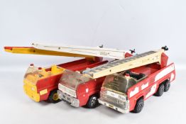THREE UNBOXED PLAYWORN REGULAR TONKA TOYS FIRE TRUCKS, all complete with turntable and extending