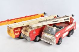 THREE UNBOXED PLAYWORN REGULAR TONKA TOYS FIRE TRUCKS, larger size versions approx.50cm long, all