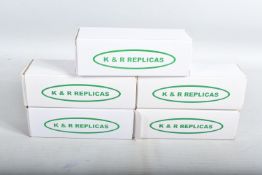 FIVE BOXED UNBUILT K & R REPLICAS TRIUMPH TR3 AND TR3A SPORTS CAR MODEL KITS, all are 1/43 scale
