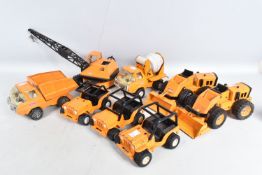 A COLLECTION OF EIGHT UNBOXED PLAYWORN MINI TONKA TOYS ORANGE CONSTRUCTION VEHICLES, to include