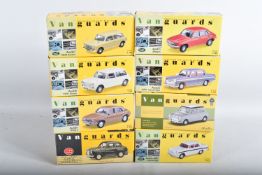 EIGHT BOXED VANGUARDS 1:43 SCALE DIECAST MODEL VEHICLES, the first is a VA04404 Snowberry White/