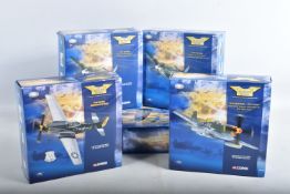 FIVE BOXED 1:72 SCALE CORGI AVIATION ARCHIVE DIECAST MODELS AIRCRAFTS, the first two are both P51D