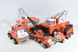THREE UNBOXED PLAYWORN MIGHTY TONKA TOYS TOW TRUCKS, one model labelled ed to the side 'Mighty -