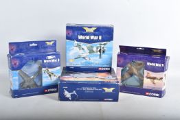 FOUR BOXED 1:72 SCALE CORGI AVIATION ARCHIVE DIECAST MODEL AIRCRAFTS, the first a Messerschmitt Bf