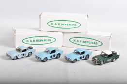 FOUR CONSTRUCTED K & R REPLICAS TRIUMPH TR4 SPORTS CAR MODEL KITS, all 1/43 scale white metal kits