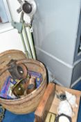 A BASKET AND ONE BOX OF MISCELLANEOUS SUNDRIES, to include a French Duverdrey & Bloquel eight day