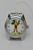 A CHILDS MICKEY MOUSE WATCH HEAD, manual wind stainless steel watch, round blue dial depicting
