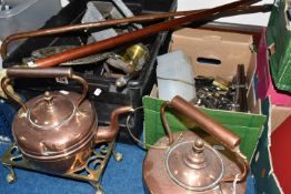 TWO BOXES AND LOOSE COPPER AND METALWARE, to include two copper kettles, horse brasses, antler
