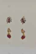 TWO PAIRS OF GEM SET EARRINGS, the first a pair of yellow gold ruby earrings, fitted with post and