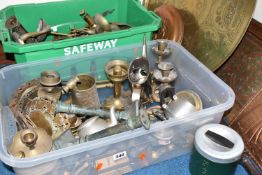 TWO BOXES AND LOOSE BRASS AND METALWARE, to include a Middle Eastern brass circular table top/