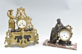 TWO FRENCH MANTEL CLOCKS, comprising an eight day Ormolu clock with pendulum and key, height 39cm,