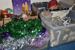 SIX BOXES OF CHRISTMAS DECORATIONS to include a box of coloured tinsel, a large quantity of