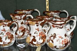 EIGHT MASONS 'BROWN VELVET' JUGS, of different shapes and heights, tallest 15cm, shortest 11cm (