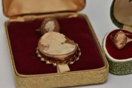 TWO CAMEO RINGS AND A BROOCH, a shell cameo depicting the profile of a lady, collet set in yellow