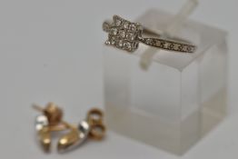 A 9CT GOLD DIAMOND RING AND EARRINGS, the first a square form diamond set cluster ring, set with