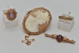 FOUR ITEMS OF JEWELLERY, to include an oval cameo brooch depicting a lady in profile, stamped 9ct, a