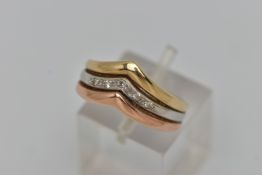 A TRI-COLOUR DIAMOND SET RING, the V-shape front centrally set with five brilliant cut diamonds,