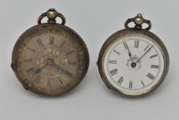 TWO OPEN FACE POCKET WATCHES, both key wound, the first with a round silver dial, Roman numerals,