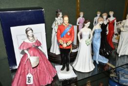 TEN ROYAL FAMILY THEMED FIGURINES, comprising a boxed Royal Worcester limited edition 'Queen