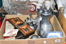 TWO BOXES OF KITCHENWARE to include a vintage tie press, a quantity of vintage electroplated