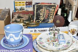 A BOX AND LOOSE MISCELLANEOUS ITEMS to include three retro French drinks signs, a quantity of late