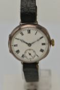 A MID 20TH CENTURY SILVER WRISTWATCH, manual wind, round white Roman numeral dial, subsidiary dial