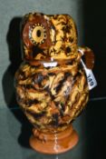 A CAROLE GLOVER SLIPWARE OWL JUG, a modern owl jug and cover in the style of Ozzie the Owl, signed