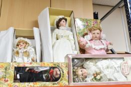 FIVE BOXED MODERN PORCELAIN COLLECTORS DOLLS, baby Myleene, Kurt and one other from the