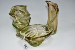 THREE PIECES OF CZECHOSLOVAKIAN SKRDLOVICE GLASS, in amber and green (uranium) glass, comprising a