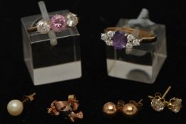 AN ASSORTMENT OF JEWELLERY, to include an amethyst and cubic zirconia ring, hallmarked 9ct