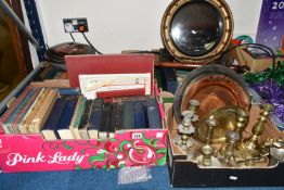 FOUR BOXES AND LOOSE MIXED MISCELLANOUS ITEMS to include two boxes of vintage books comprising a