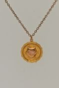 A 9CT GOLD PENDANT WITH A CHAIN, a 9ct gold circular fob pendant with engraved shield cartouche