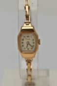 A 9CT GOLD LADIES WRISTWATCH, hand wound movement, square dial signed 'Timor', Arabic numerals,