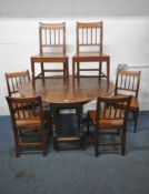 AN OAK BARLEY TWIST DROP LEAF TABLE, width 110cm x depth 49cm x height 76cm, and a set of six oak