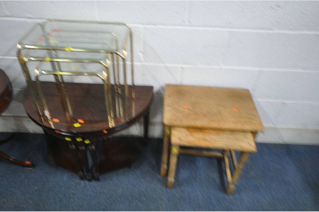 A PAIR OF BEECH HIGH CHAIRS, a mahogany drum table with two drawers, a demi-lune nest of three - Image 2 of 3