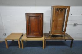 AN OAK HANGING CORNER CUPBOARD, an Edwardian walnut display cabinet, a tile top coffee table,