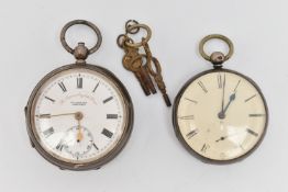 TWO SILVER OPEN FACE POCKET WATCHES, both key wound, the first with a round white dial signed 'The