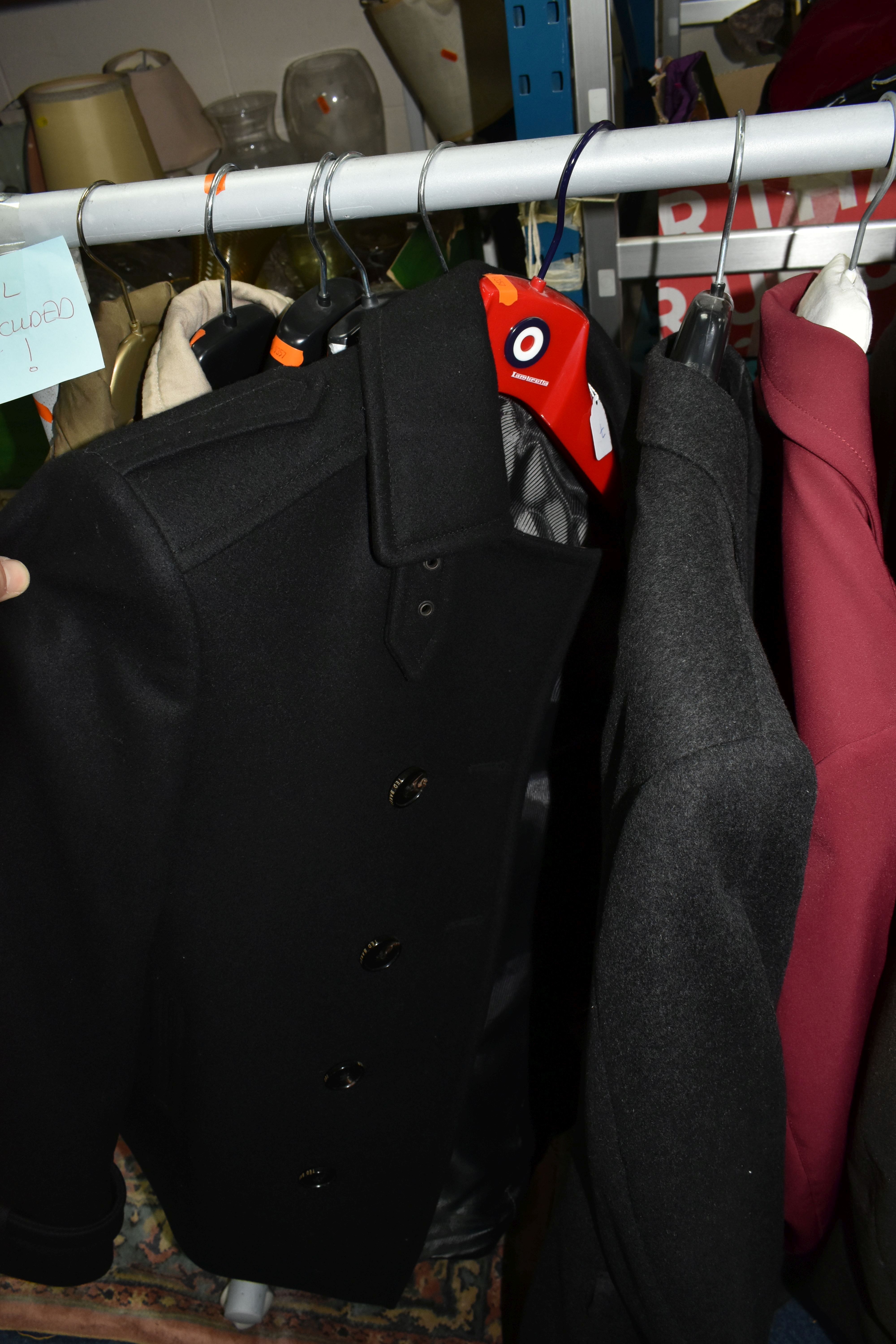 A SMALL CLOTHES RAIL AND A GROUP OF GENTLEMEN'S DESIGNER JACKETS AND SUITS, comprising a black - Image 5 of 12