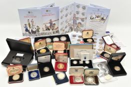 A CARDBOARD BOX OF SILVER, SILVER PROOF AND OTHER COINS, to include x7 silver cased Crown size coins