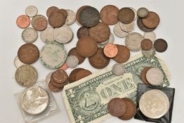 A SMALL PLASTIC TUB OF UK COINS AND A $1 US BANKNOTE