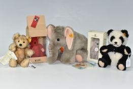 FIVE STEIFF TEDDY BEARS/ANIMALS, comprising Petsy 1928 no 029035, fully jointed with brown tipped