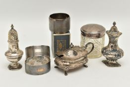 A GROUP OF SILVER ITEMS, to include a pepperette hallmarked 'Adie & Lovekin Ltd' Birmingham 1911, on