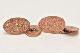 A PAIR OF 9CT ROSE GOLD CUFFLINKS, each of an oval form, decorated with a foliate pattern, chain