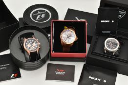 THREE GENTLEMAN'S WRISTWATCHES WITH BOXES AND PAPERWORK, the first a Ducati chronograph 5030, with
