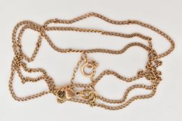 A 9CT GOLD FINE CURB LINK CHAIN, fitted with a lobster clasp and additional safety chain, hallmarked