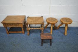 AN OAK STORAGE STOOL, with a hinged lid and carved detail to front, width 49cm x depth 39cm x height