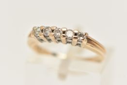 A 9CT GOLD DIAMOND FIVE STONE RING, designed with a row of five small round brilliant cut