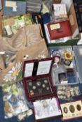 A LARGE AND HEAVY CARDBOARD BOX OF COINS AND COMMEMORATIVES, to include over 500 grams of Silver
